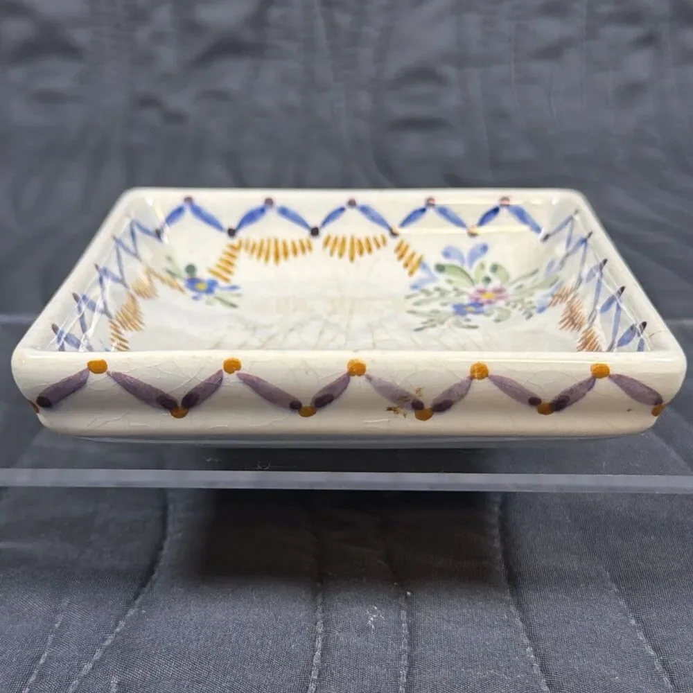 Vintage Portugal Hand Painted Floral Square Trinket Dish 4